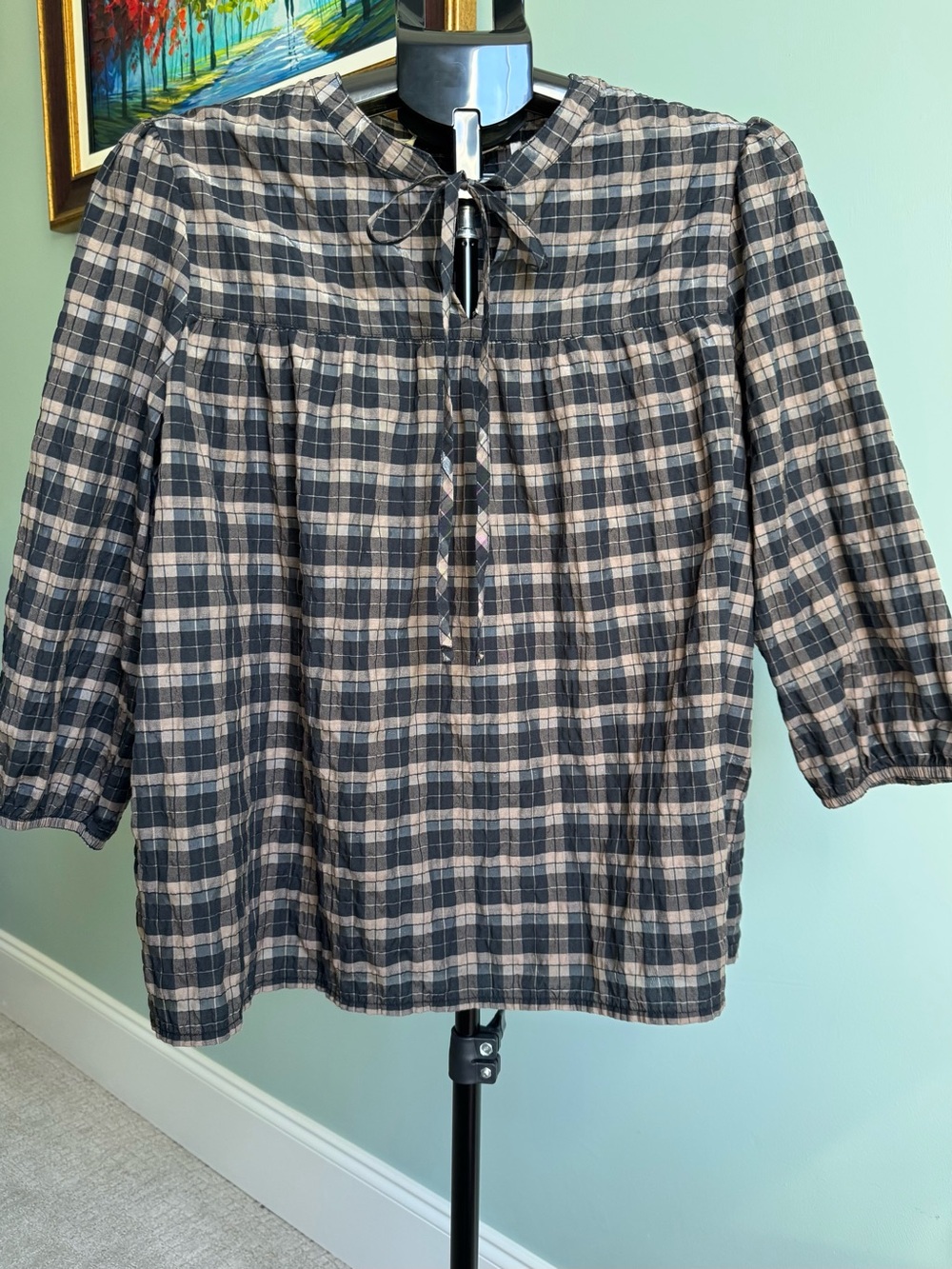 Barbour Lorelie Modern Heritage Seersucker Plaid Blouse Top Praline Check US 8